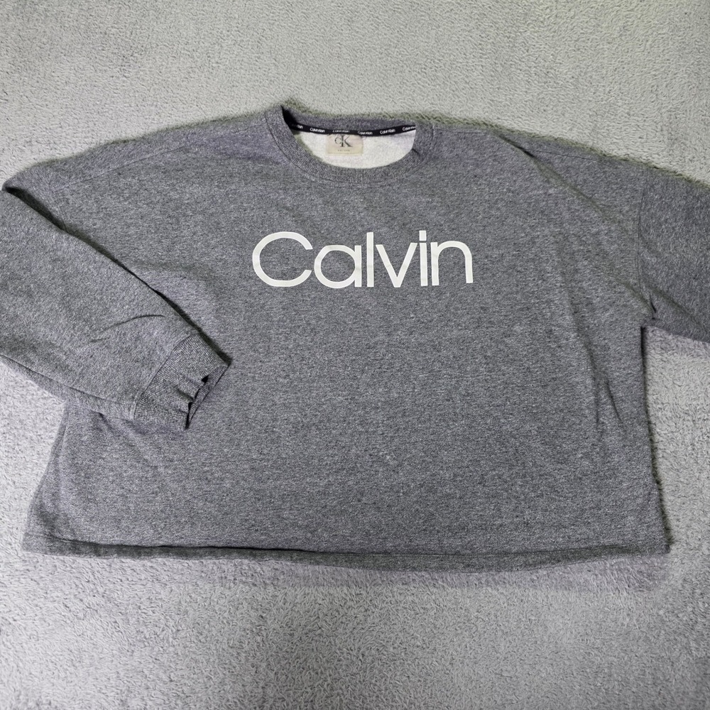 Calvin Klein Womens XXL Cropped Sweatshirt Grey Logo Relaxed Raw Hem Fleece